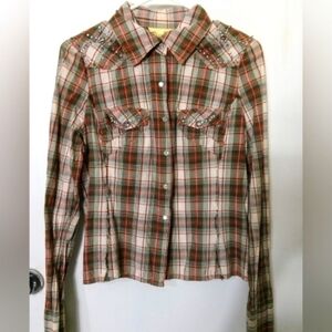 Vintage Y2K Miss Me western cowgirl long sleeve plaid shirt size L